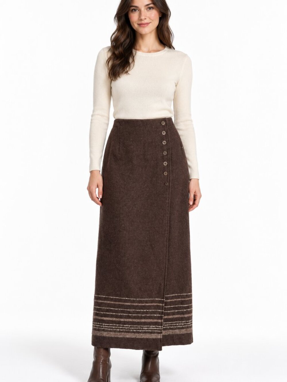 HUIS CLOS Vintage 100% Wool Maxi Skirt Brown Side Button Stripe Hem Size 6/38